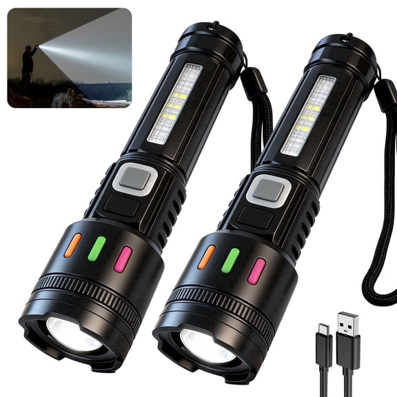Amaopus 2 Pack Rechargeable Flashlights - Super Bright LED High Lumens Tactical Flash Light, 5 Modes Zoomable Linternas, Powerful Handheld Flashlights for Home Emergencies Camping Outdoor
