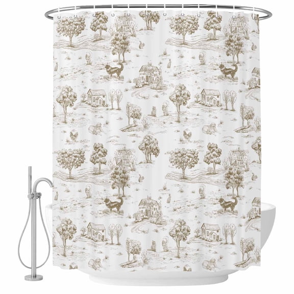 Rustic Dog Vintage Deer Fabric Shower Curtain Brown Line Art Tree Washable Shower Curtains for Bathroom, Waterproof Bath Curtain with Hooks Home Decor 36x72in