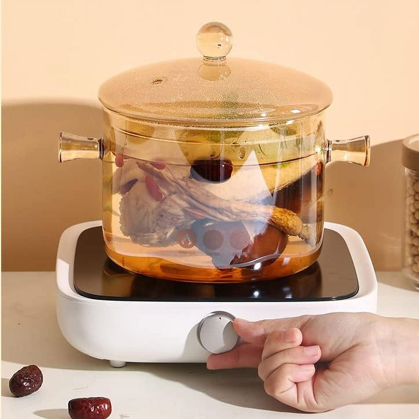 Amber Glass Cooking Pot Modern Glass Pot with Lid and Grip Stockpot Saucepans Glass Pot for Soup Vegetables Fruit Salad Instant Noodle [Energy Class A]
