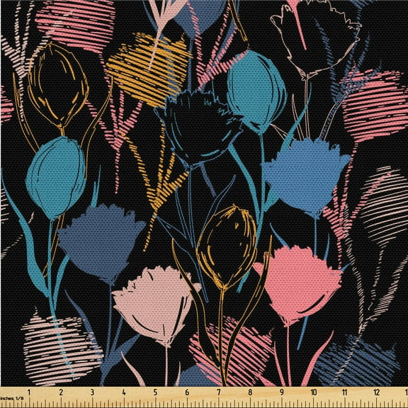 Ambesonne Floral Design Fabric by the Yard Upholstery, Art Silhouette Flower, 5 Yards, Pastel Pink Sea Blue