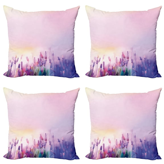 Ambesonne Pink Throw Pillow Cover 4 Pack, Lavender Violet Flowers, 16", Lilac Purple