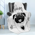 thumbnail image 4 of Pug Soft Flannel Fleece Throw Blanket, Black and White Dog with Welcome Word over Its Head Hospitality Happiness Image, Cozy Plush for Indoor and Outdoor Use, 50" x 70", Black White, by Ambesonne, 4 of 5