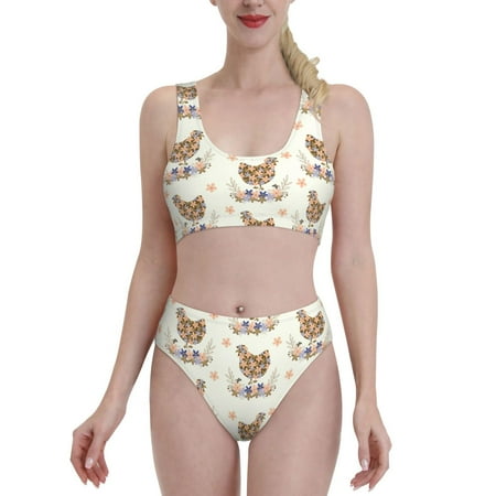 Bikini Sets For Women  Abstract Flower Print Chicken High Waisted Bikini Sets Bathing Suit 2-Piece Drawstring Swimsuit