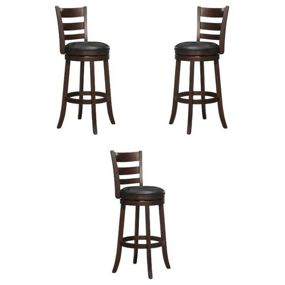 Pemberly Row 29" Faux Leather Swivel Wood Bar Stool in Dark Cherry - Set of 3