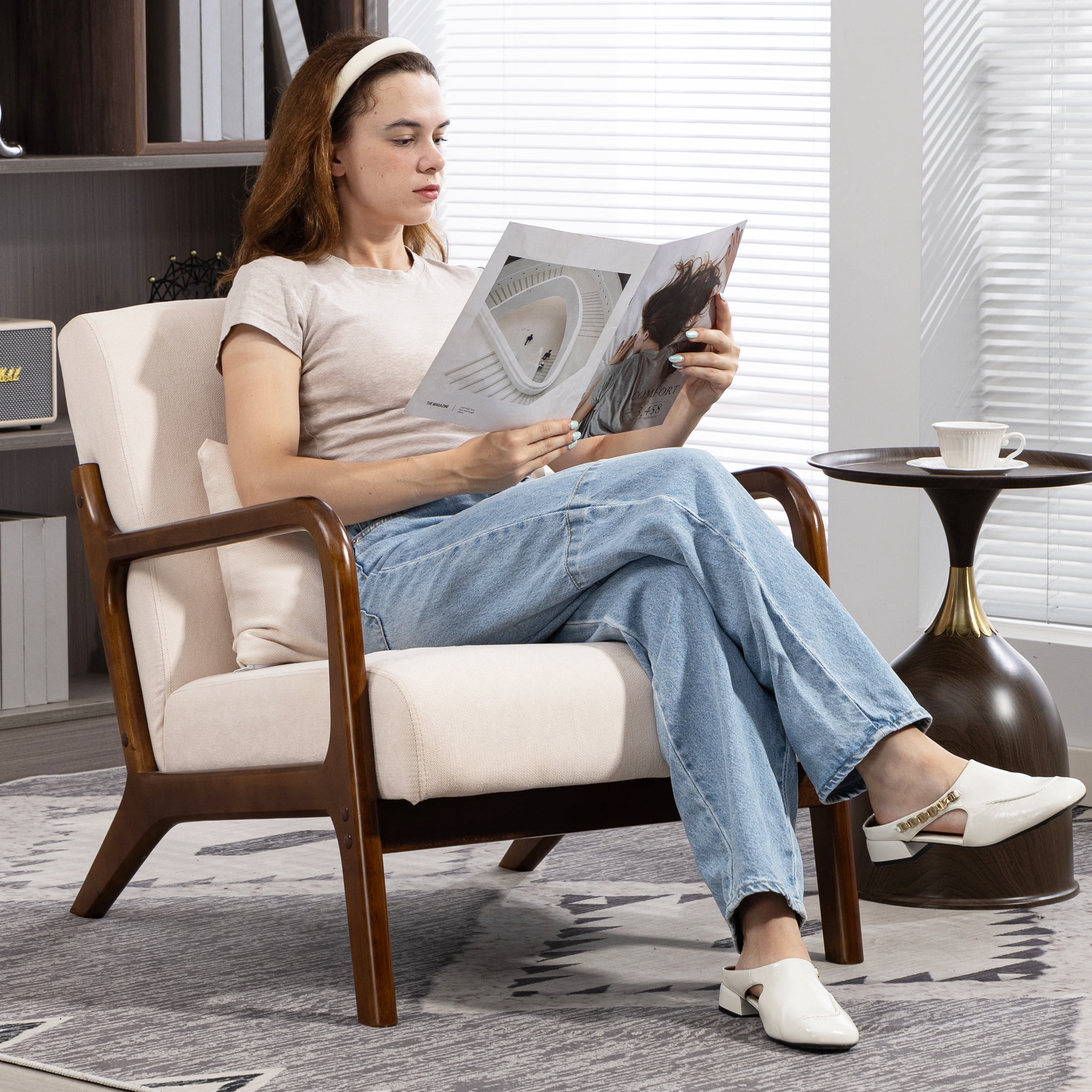 PORKISS Modern Arm Chair Velvet Fabric Upholstered Comfy Reading Accent Chair with Solid Wood Frame and Pillow, Armchair Comfort Club Chair Lounge Chair for Living Room Bedroom Sunroom, White #2