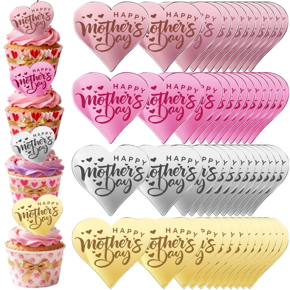 48Pcs Happy Mother's Day Cupcake Toppers, Mirror Acrylic Cake Toppers, 4 Colors Heart Shape Dessert Decorations for Mother's Day Party, Birthday Supplies for Mom