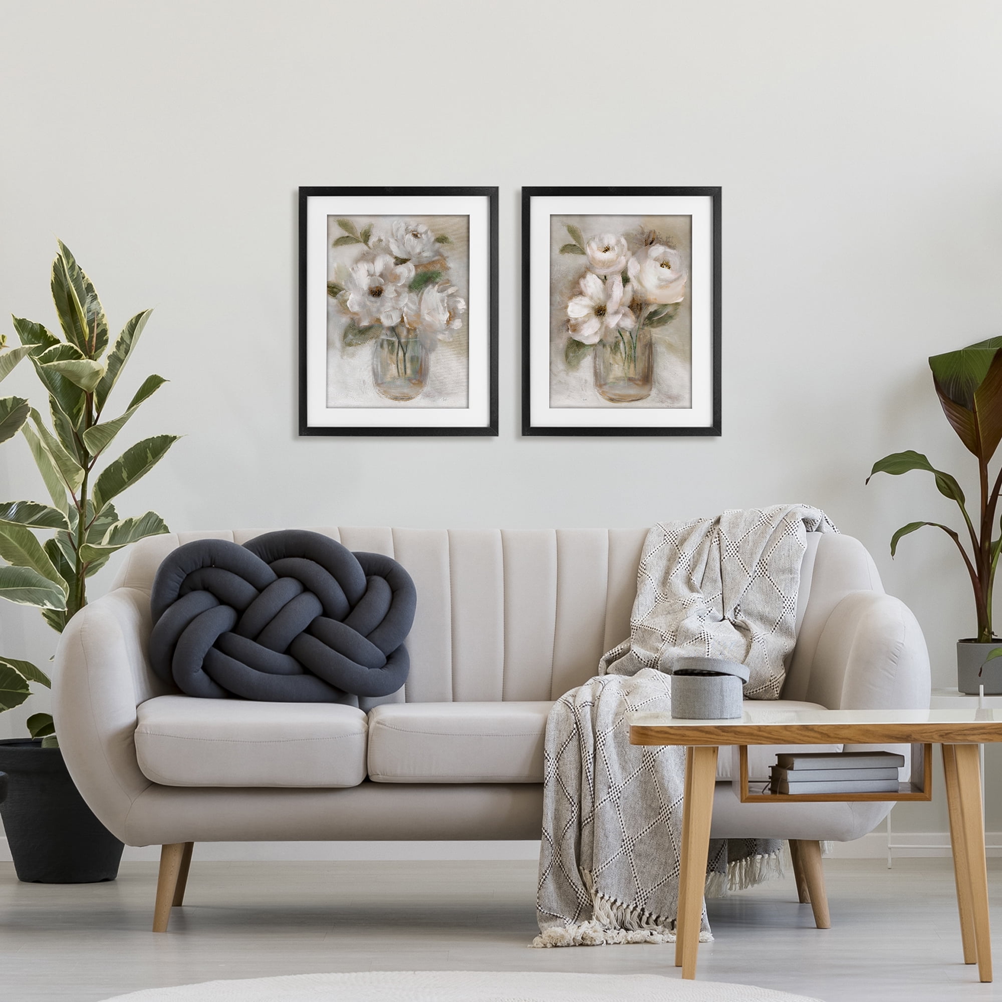 Stupell Industries Brushed White & Beige Roses 2 Piece Black Framed Print Under Glass Set, design by Nan