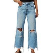 Women's Wide Leg Jeans Casual Loose High Waisted Stretchy Pants Button Fashion Versatile Baggy Long Trousers Blue L