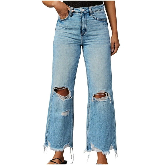 JIUKE Jeans for Women Casual High Waisted Wide Leg Vintage Streetwear Ripped Baggy Denim Trousers
