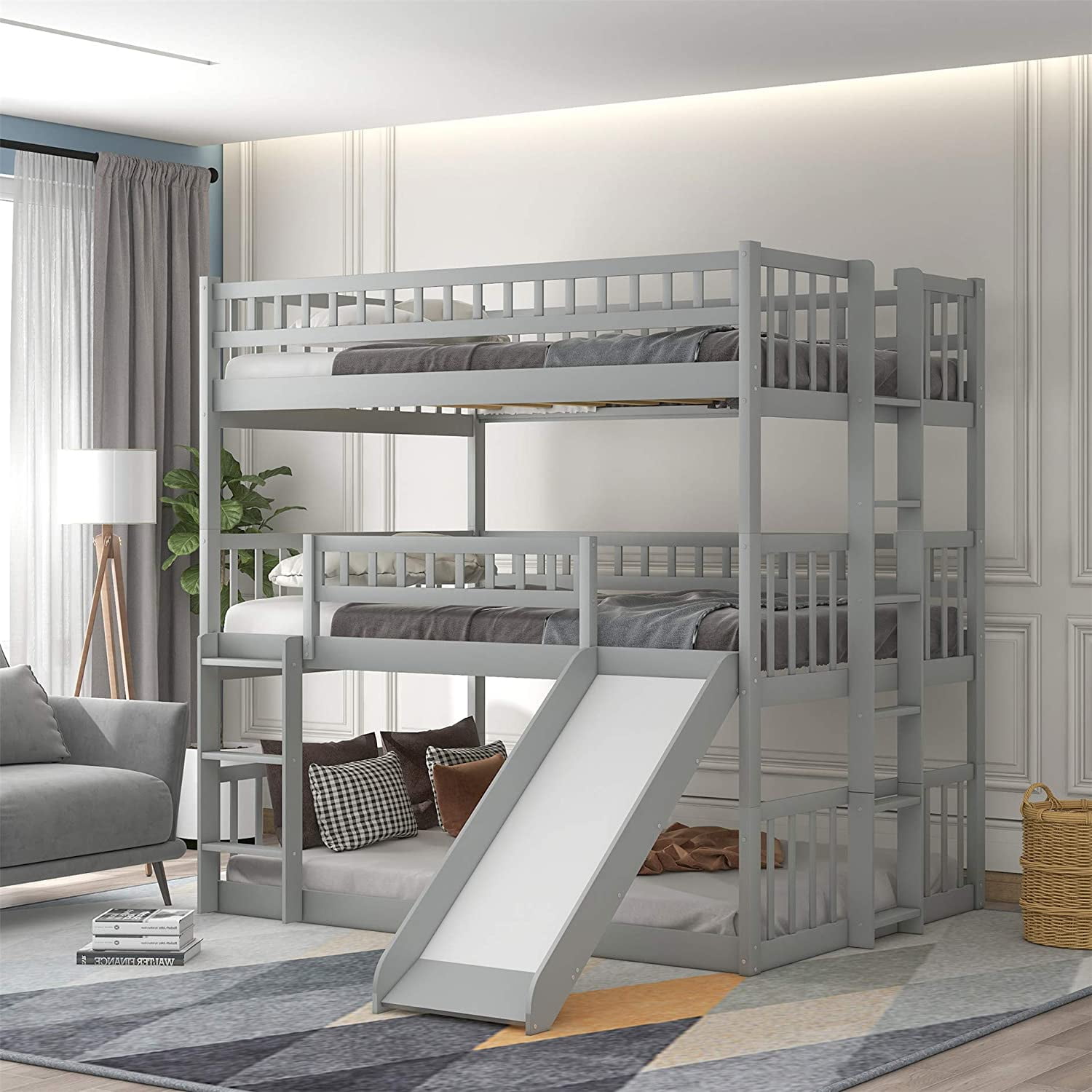 ModernLuxe Triple Bunk Beds with Slide, Full Over Full Over Full, Floor