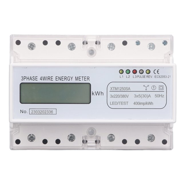 Medidor de energía eléctrica LCD de 7 dígitos, montaje en carril DIN de 35mm, Monitor de uso de electricidad trifásico de 4 cables, 3x5(30)A