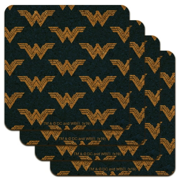 Wonder Woman Movie Blue Logo Pattern Low Profile Novelty Cork Coaster Set