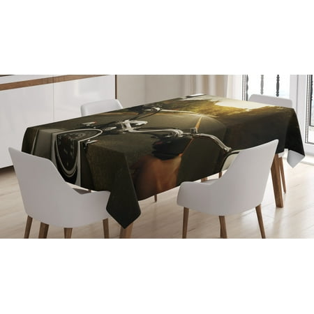 

Adventure Tablecloth Rider Driving a Chopper on Asphalt Road within Forest Journey Photography Rectangular Table Cover for Dining Room Kitchen 60 X 84 Inches Forest Green Grey by Ambesonne