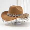thumbnail image 2 of Aocisk Stylish Western Cowboy Hat For Women Men With Large Round Gemstone Rhinestone Fringe Decorations Ideal Party Event Accessory Khaki One Size, 2 of 3