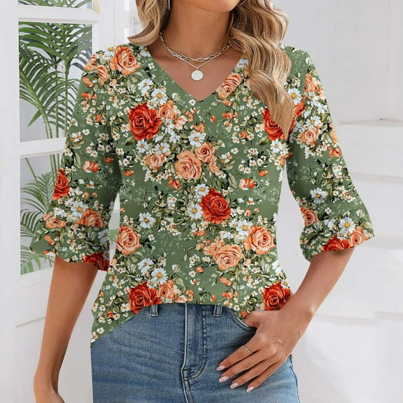 Tops for Women Plus Size 3/4 Sleeve Ruffle Floral Printed V-neck Casual Three-quarter Sleeve T-shirt Green XXL