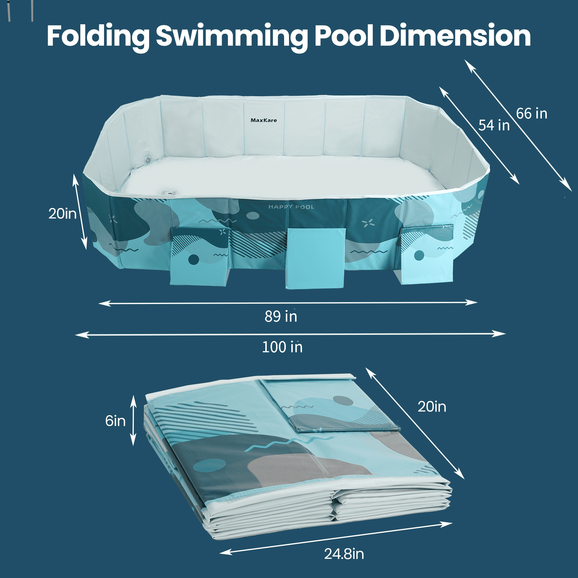 MaxKare Foldable Swimming Pool, Inflatable-Free & Durable with Triangle Support, Family Pets Kiddie Pool for Backyard, 89'' Green Rectangle