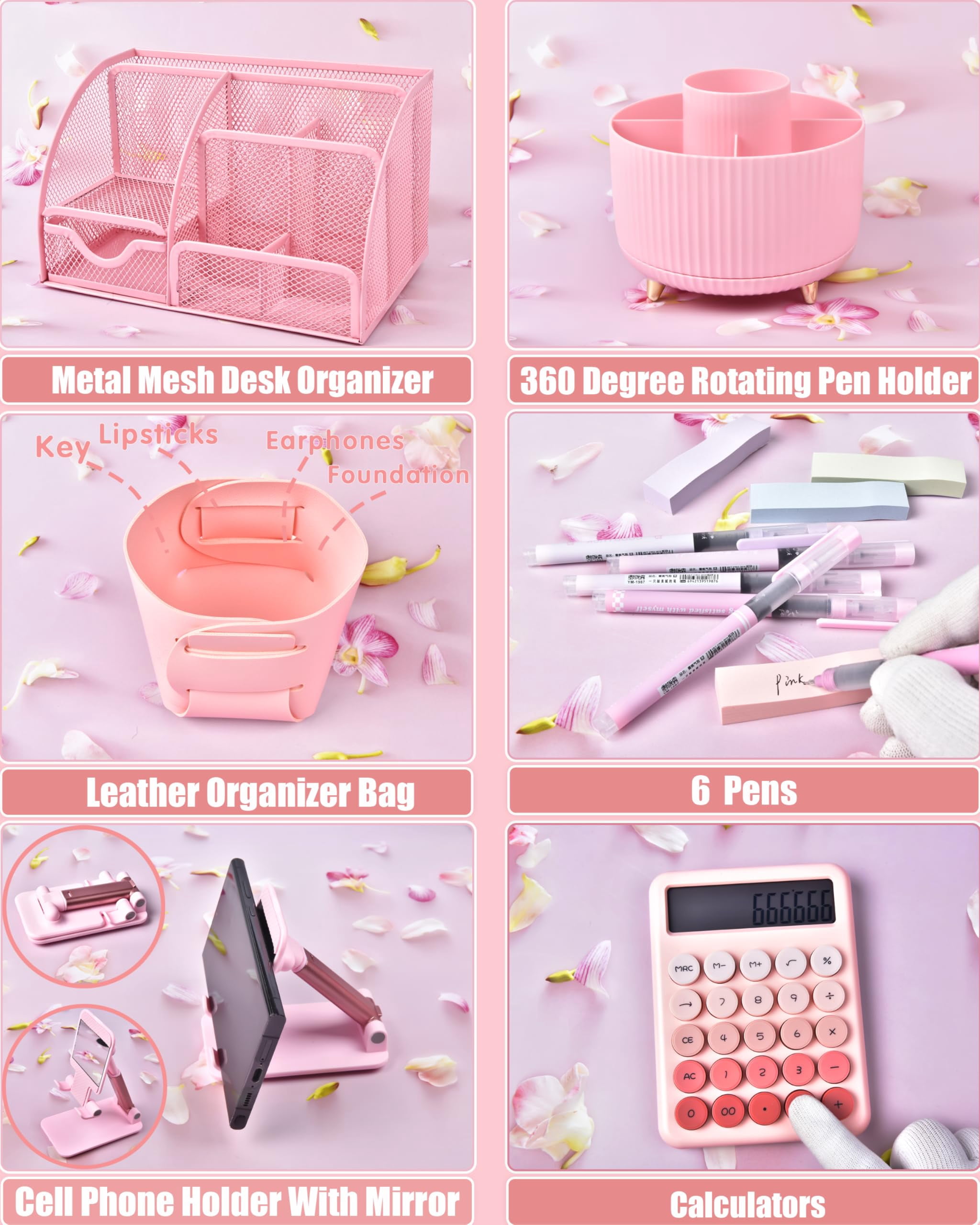 21pcs Pink Desk Organizers And Accessories With Mesh Organizer 360°rotating Pen Holder A Lot Of Office Supplies Beautifully Presented In Gift Box