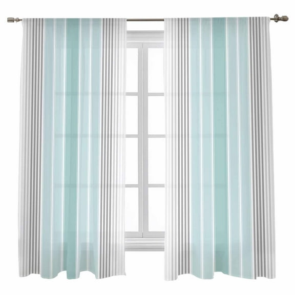 Sheer Curtains 72 inches Long, Minimalist Turquoise Gradient Gray Stripes Farm Light Filtering Sheer Window Curtains Rod Pocket Voile Drapes for Bedroom Living Room, 52"W x 72"L 2 Panels