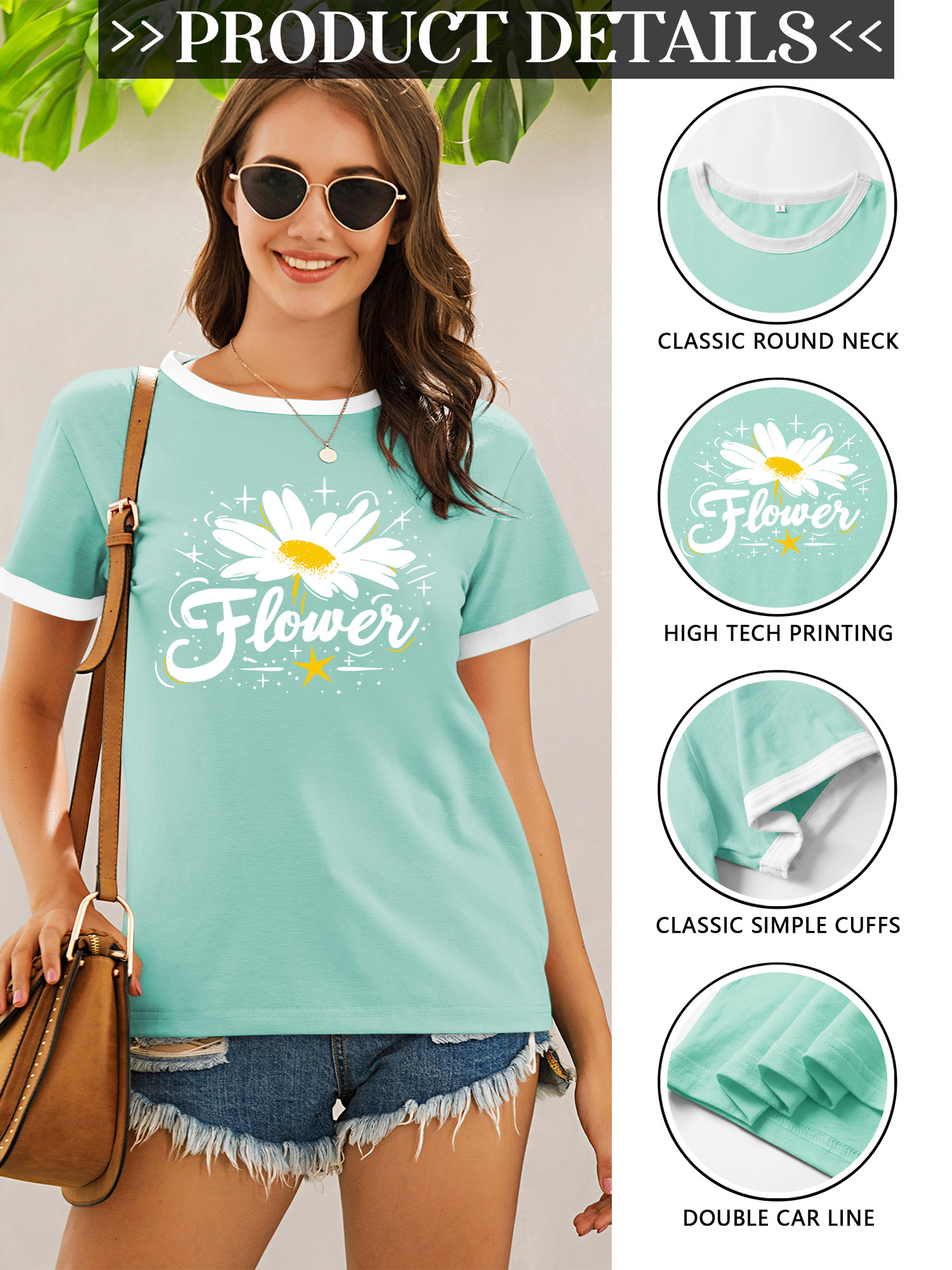 ZXSXSY Graphic Tees for Women Daisy Flower Print Crew Neck Short