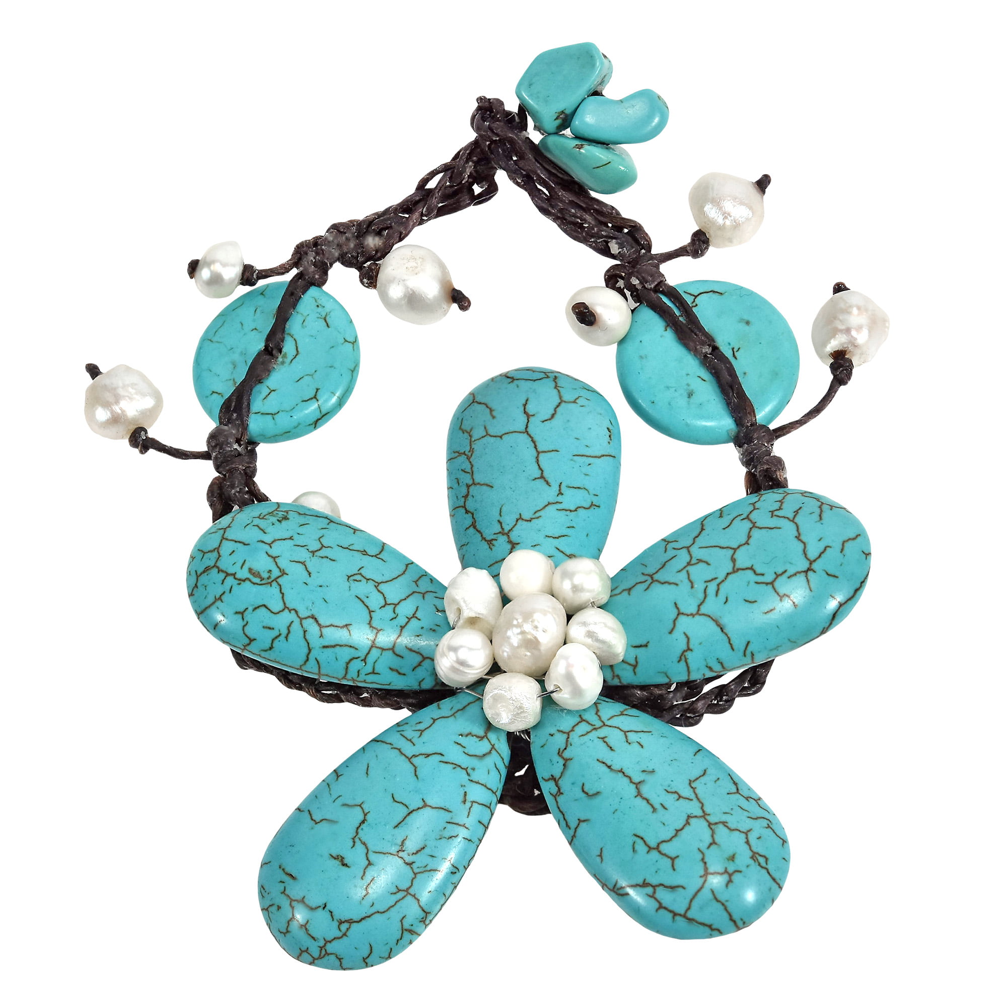 AeraVida White-Blue Blossom Reconstructed White Howlite & Simulated Turquoise Floral Cotton Wax Rope Link Bracelet 