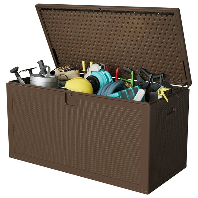 Coffre de Terrasse en Résine Robuste de 150 Gallons pour l'Extérieur – Étanche et Résistant aux Intempéries, Couvercle Verrouillable Sécuritaire, Grand Contenant de Capacité pour Patio, Jardin, Véranda, Cour Arrière – Brun