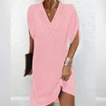 thumbnail image 3 of Vestido de verano de media manga de murciélago con cuello en V para mujer, vestido elegante, vestido informal de viaje de Color sólido, 3 of 4