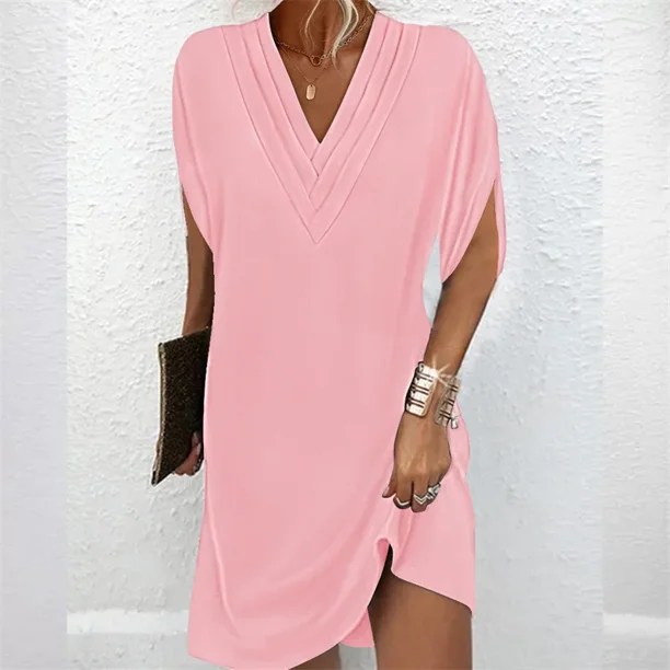 Vestido de verano de media manga de murciélago con cuello en V para mujer, vestido elegante, vestido informal de viaje de Color sólido