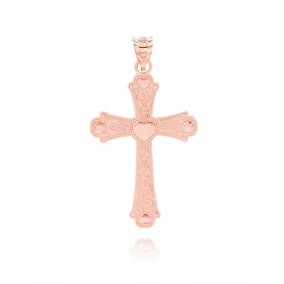 Gold Beaded Filigree Heart Cross Pendant Necklace (Available in Yellow/Rose/White Gold) (10K,Rose Gold,Pendant only)