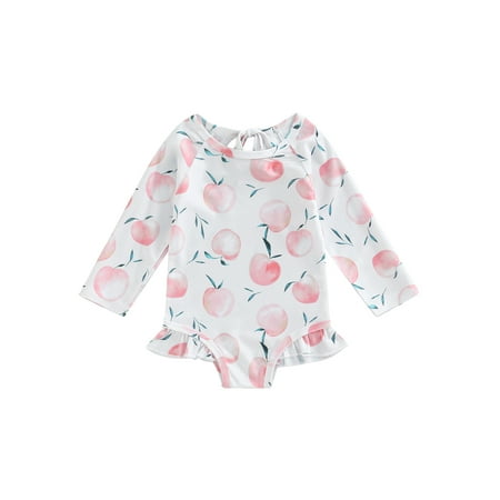 

AMILIEe Girls Long Sleeve White Peach Print Round Neck Bathing Suit One-piece 1-6 Years
