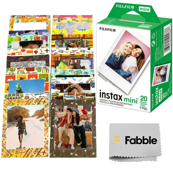Fujifilm Instax Mini Instant Film Twin Pack 20 Sheets Bundle with 20 Decorative Sticker Frames and Camera Lens Cleaning Cloth – Perfect for Scrapbooks, Parties, and Gifts