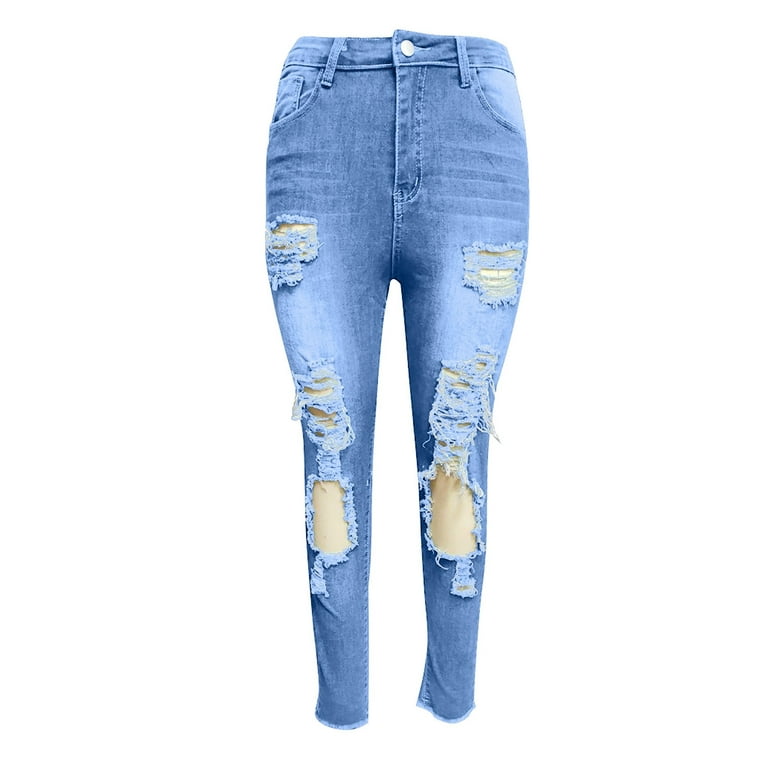 Bigersell Women Jeans Stretchy Full Length Pants Jeans Women Solid Color  Blue Hole High Jeans Flares Ankle Fashion Pants Trouser Ripped Jeans for  Ladies 