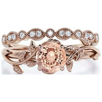 Vine Leaf Ring, Boho & Hippie 1.50 Carat Round Cut Morganite And Diamond Moissanite Engagement Ring, Wedding Ring In 10K Solid Rose Gold, Gift, Promise Ring For Her, Bridal Set, Matching Band