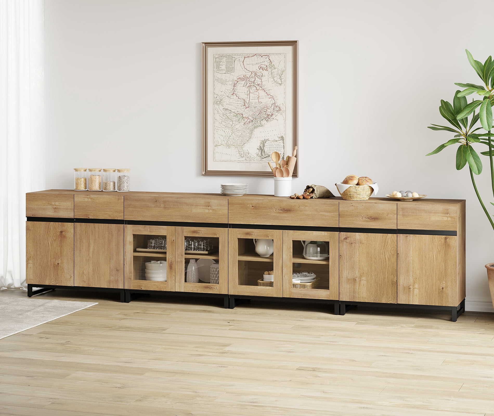 4 In 1 Sideboard Buffet Cabinets With Glass Doors And 2 Drawers, Modern Sideboard Credenza With Adjustable Shelf And Metal Base,Cabinet Storage Cabinet,Oak