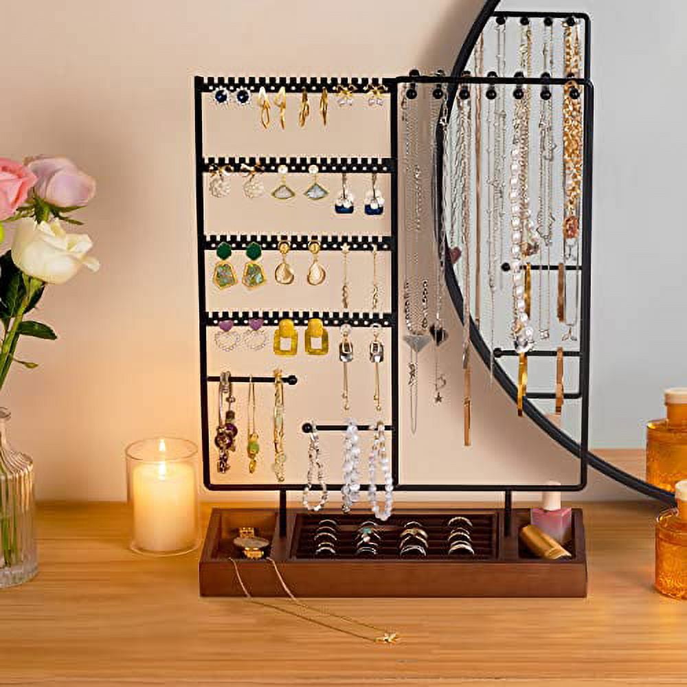 ProCase Jewelry Holder Organizer Earring Organizer Earrings Holder Stand, 6 Tiers Necklace Rack Jewellery Tower Bracelets Holder Storage Tree with Removable Wooden Ring Tray for Women Girls -Black