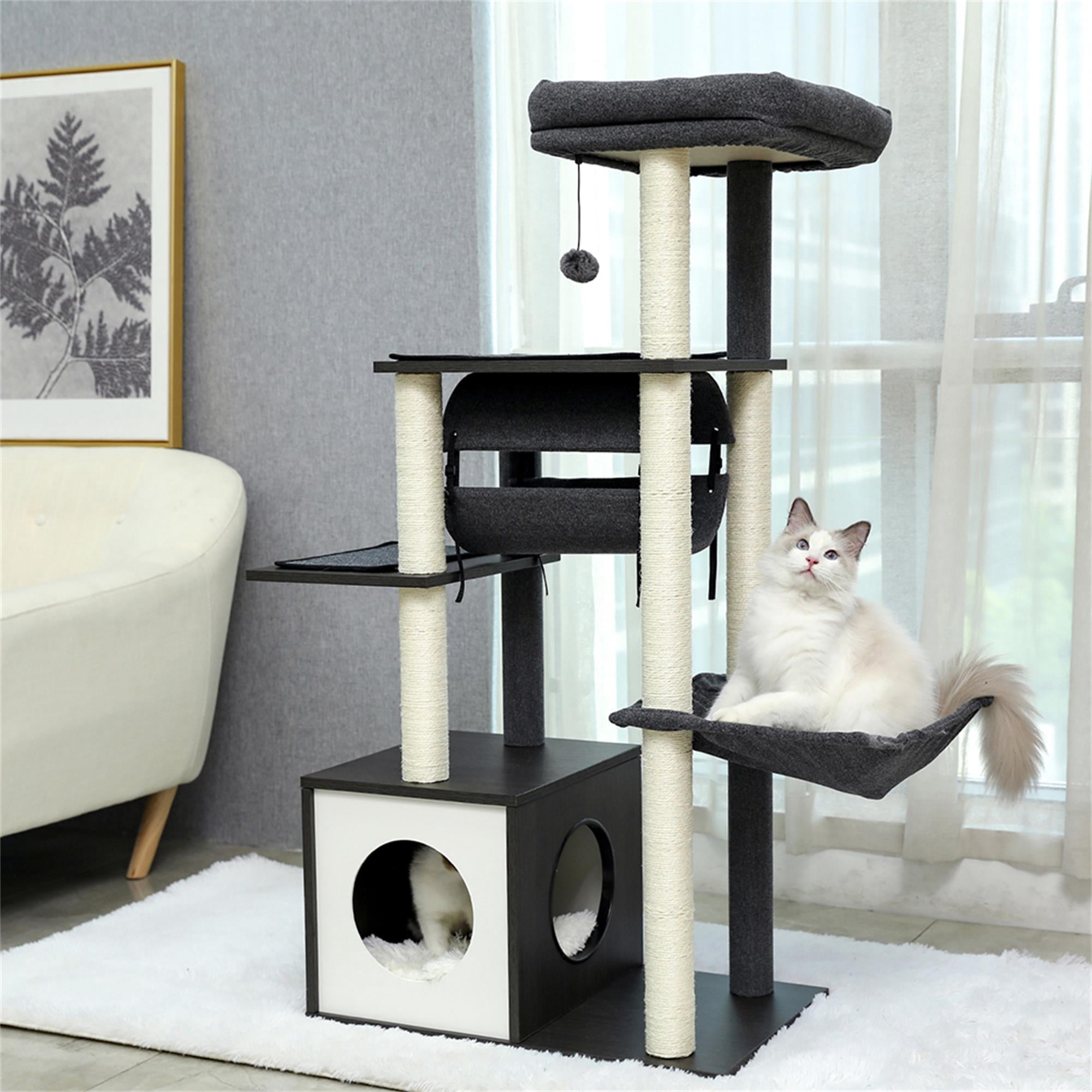 resenkos 51" Modern 6 Levels Cat Tree Tower with Sisal Scratching Posts, Cozy Condo, Spacious Perch, Hammock and Swing Tunnel for Indoor Cats, Gray