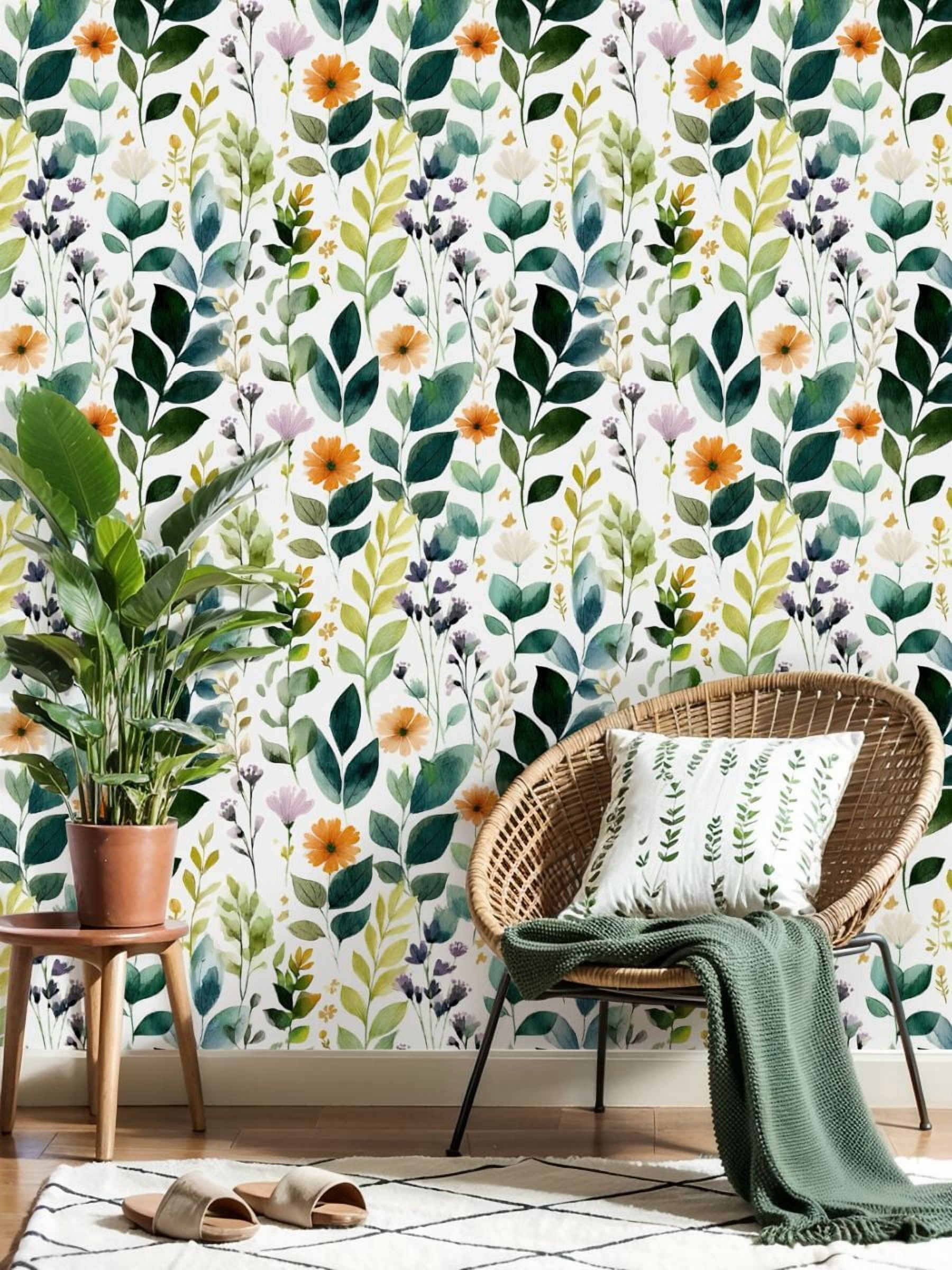 Peel and Stick Wallpaper 17.7in x 9.8ft Watercolor Floral Greenery Vibrant Blooms Contact Paper Vinyl Self-Adhesive Removable Wall Paper for Bedroom DIY Home Decor Renter Friendly