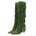 thumbnail image 1 of YDN Women Layer Tassel Pointed Toe Moccasin Boots Knee High Stiletto Mid Heels Western Themed Party Dress Shoes Size 12 Green, 1 of 3