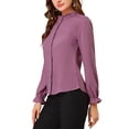 thumbnail image 5 of INSPIRE CHIC Women's Ruffled Trim Button Down Stand Collar Long Sleeve Blouse Top M Fuchsia, 5 of 9