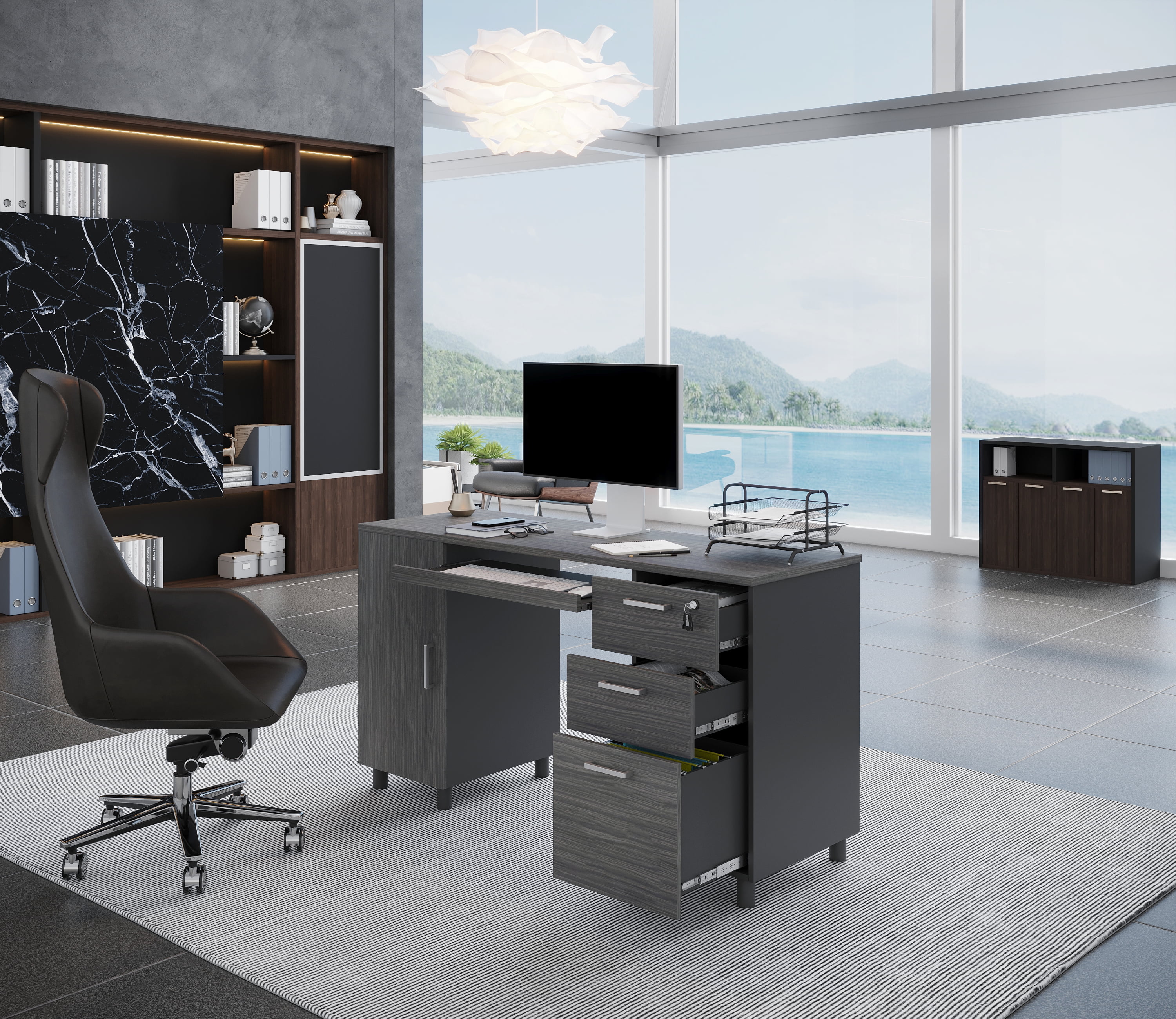 Modern Design by Crafts and Comfort Venice Computer Desk Great for Home Office Desk - 3 Drawers and CPU Storage Cabinet - Laptop Workstation with Keyboard Tray and Cable Hole - Grey / Black
