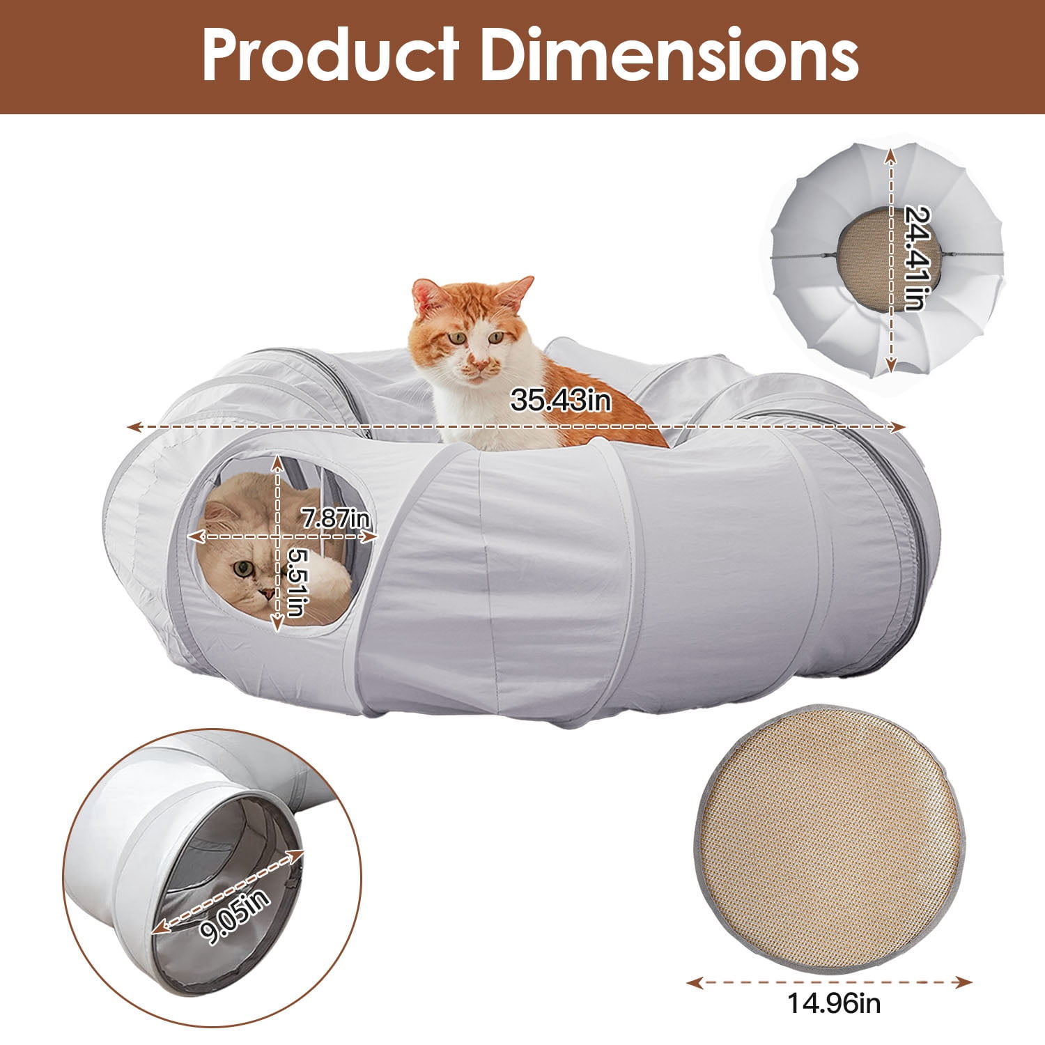 Moclever Cat Tunnel Bed with Interactive Hanging Ball, Indoor Circle Cat Tunnel with Cooling Fabric Central Soft Cushion for Cats Dogs, Gray