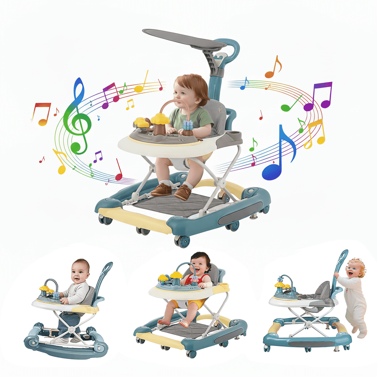 HDUTNGISN 5-in-1 Green Adjustable Baby Walker with Wheels for Boys & Girls