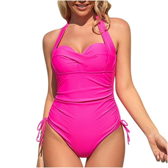 up to 60% off Gifts Usmixi Womens One-Piece Swimsuits Summer Tummy Control Tankini Bathing Suits with Strappy Sleeveless Halter Solid Swimwear Hot Pink M