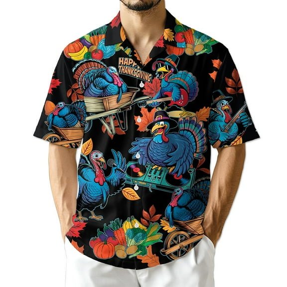 Netecom Happy Turkey Day Hawaiian Shirt for Men Women, Thanksgiving Turkey Music Button Down Summer Beach Shirts, S-5XL