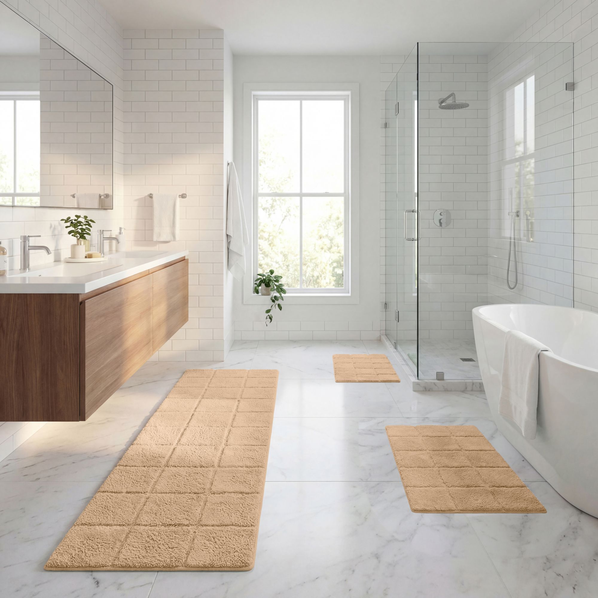Superior Checkered Non-Slip Cotton 3-Piece Bath Rug Set with Runner, Taupe