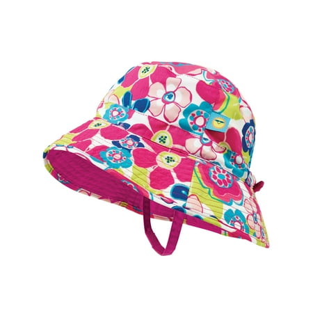Sun Smarties Pink and Blue Adjustable and Reversible Baby Girl Sun Hat - Floral Design Reverses to a Solid Raspberry Pink Brim Hat  - UPF 50+