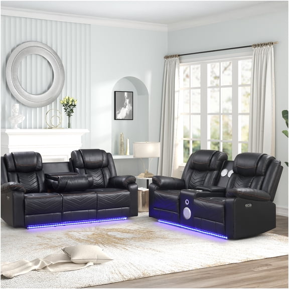 JERFIT Modern Power Recliner Set with Bluetooth Speakers, 2-Piece Faux Leather Sofa and Loveseat with LED Lights, Cup Holders and USB Charging for Living Room, Black
