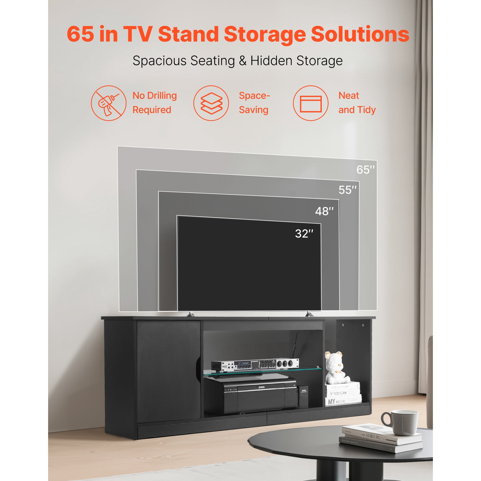 KFFKFF TV Stand for TVs up to 65 inches, Entertainment Center with LED Light Strip & 5 Level Adjustable Glass Shelves, Console Table for Living Room or Bedroom