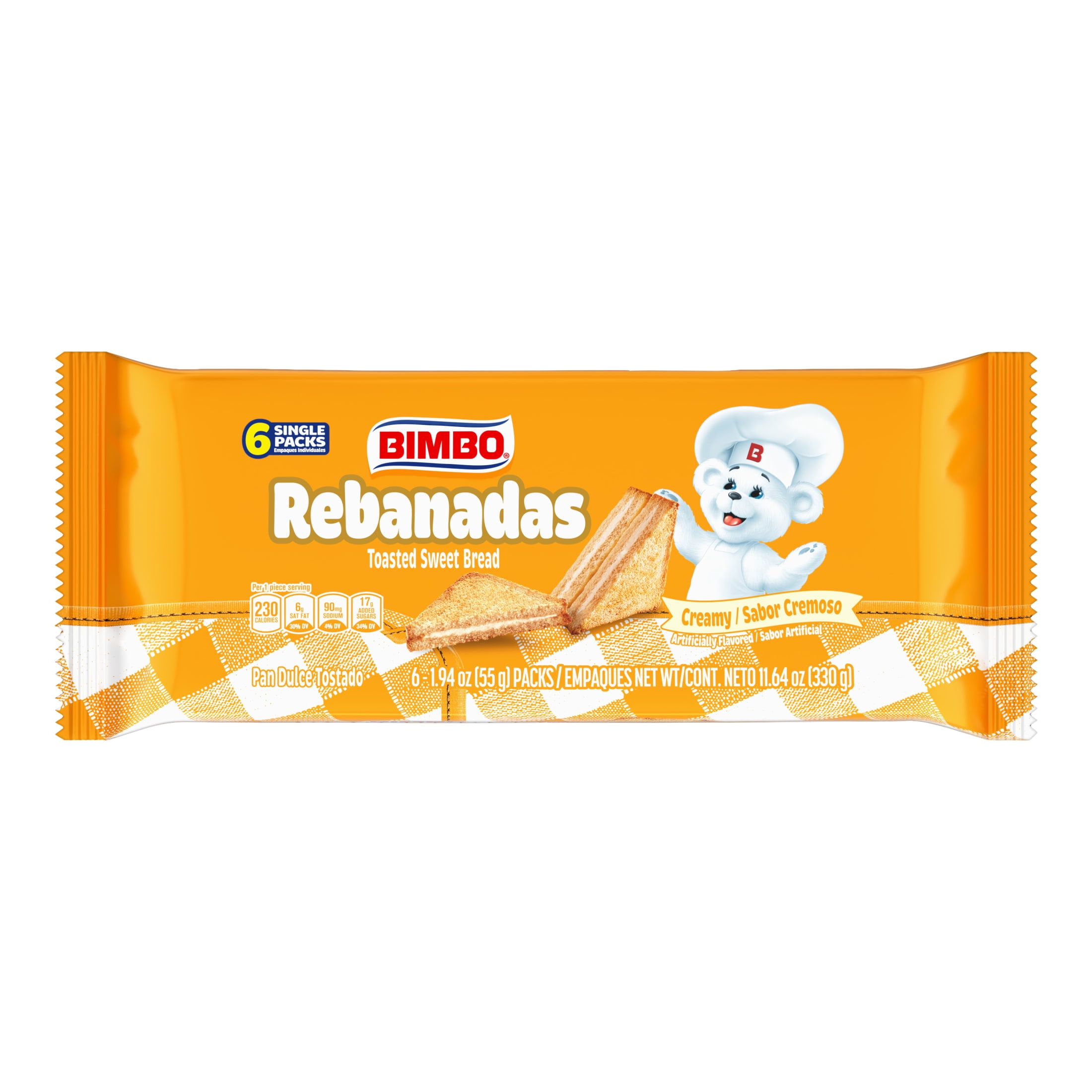 Bimbo Rebanadas Creamy Toasted Sweet Bread, 6 packs, Sweet Cream Filled Sandwiches, 11.64 oz Bag