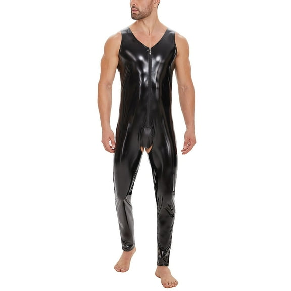 Men Shiny Leather Jumpsuit, Sexy Open Crotch, Glossy Latex Bodysuit Crotchless