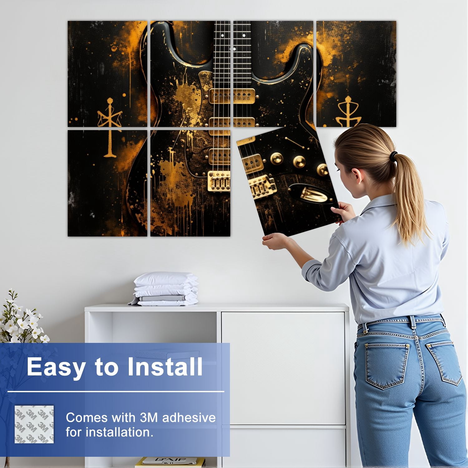 Musical 8 Pack Art Acoustic Panels Sound Absorbing Gold Splattered Black Electric Guitar Symbolic Markings Decorative Soundproof Wall Panels Self Adhesive for Game Room Music Classroom 48"x32"